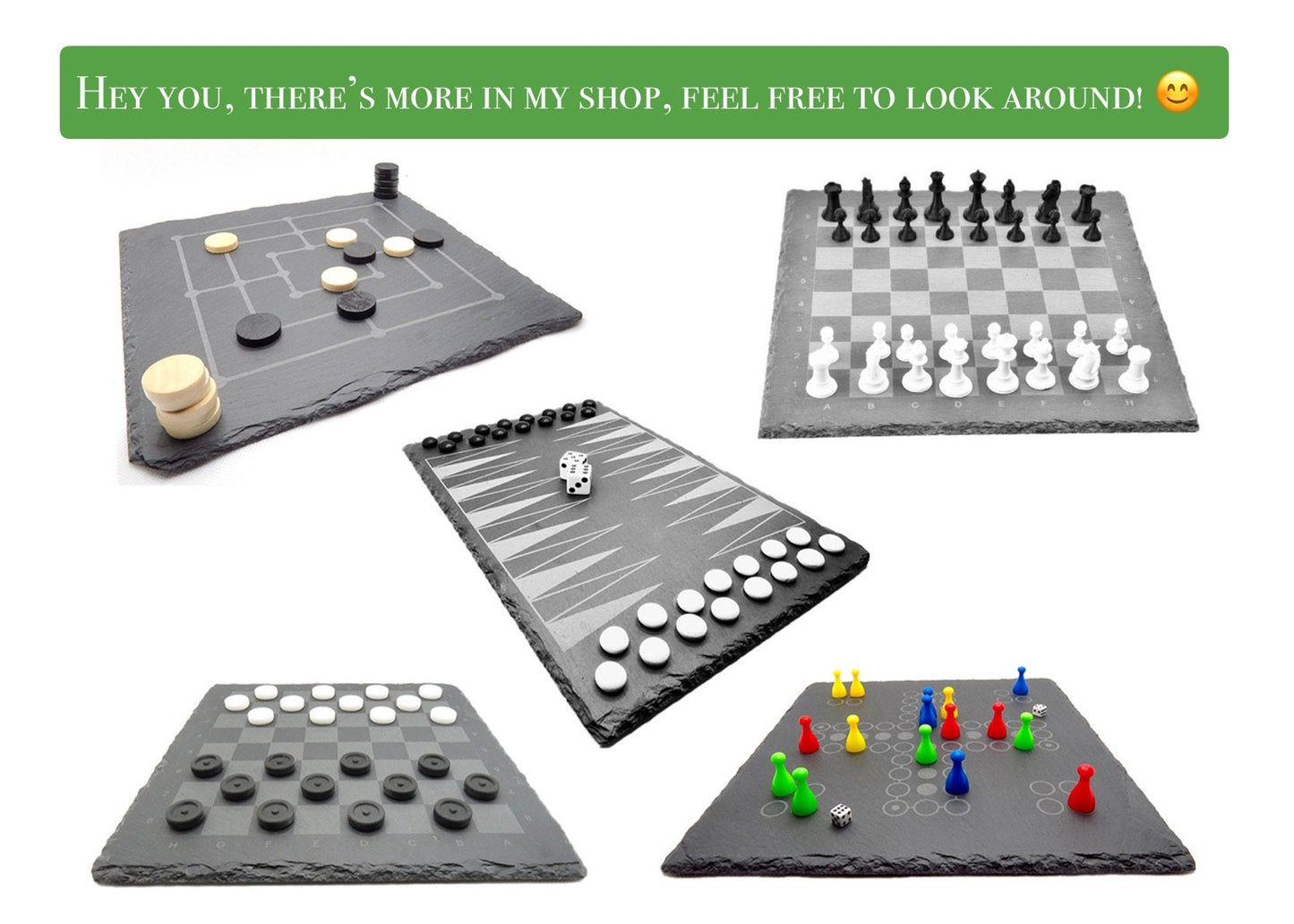 Weitere Brettspiele im Shop: Übersicht der Kollektion mit Schach, Mühle und Backgammon aus Schiefer und Holz.