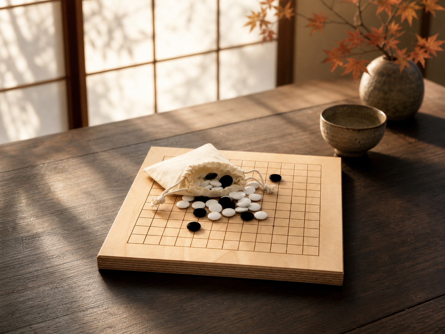 Jeu de Go en bois, plateau réversible 9x9 et 13x13