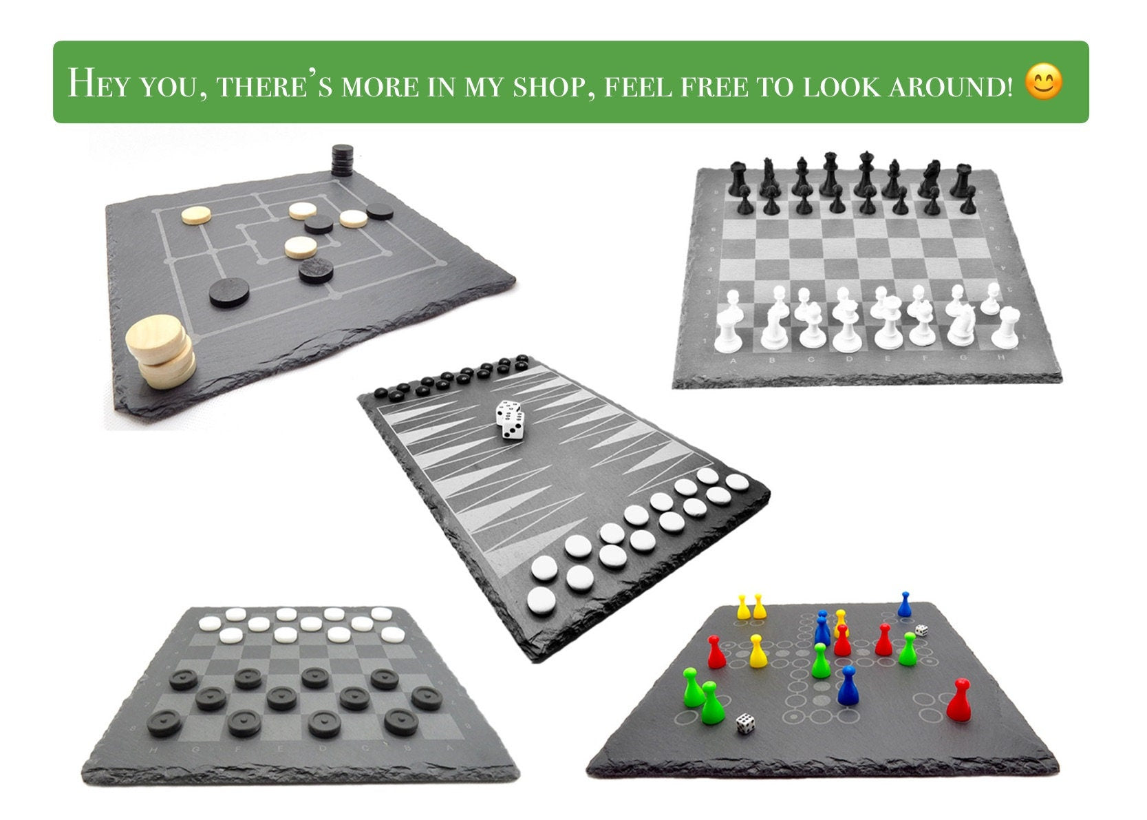 Weitere Brettspiele im Shop: Übersicht der Kollektion mit Schach, Mühle und Backgammon aus Schiefer und Holz.