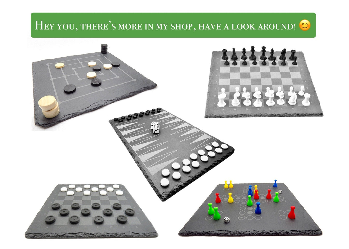Übersicht Brettspiele Kollektion: Schach, Backgammon, Ludo und Go Varianten aus Schiefer und Holz.