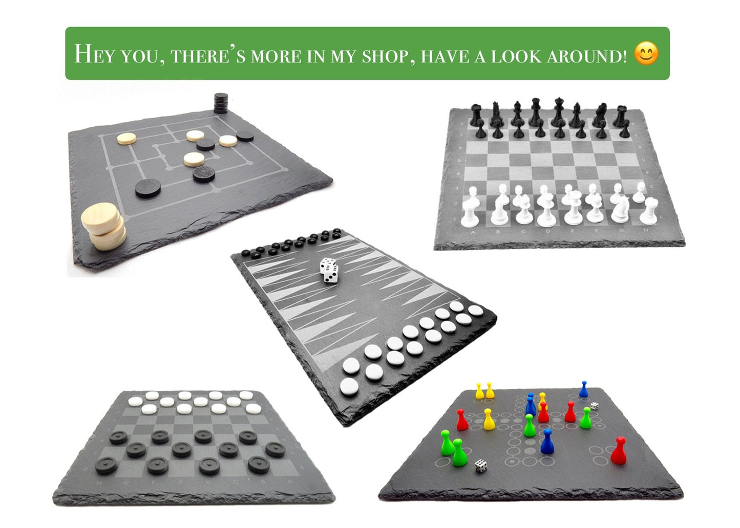 Design Brettspiele Kollektion: Go, Schach, Backgammon und Mühle aus Schiefer und Holz im Überblick.
