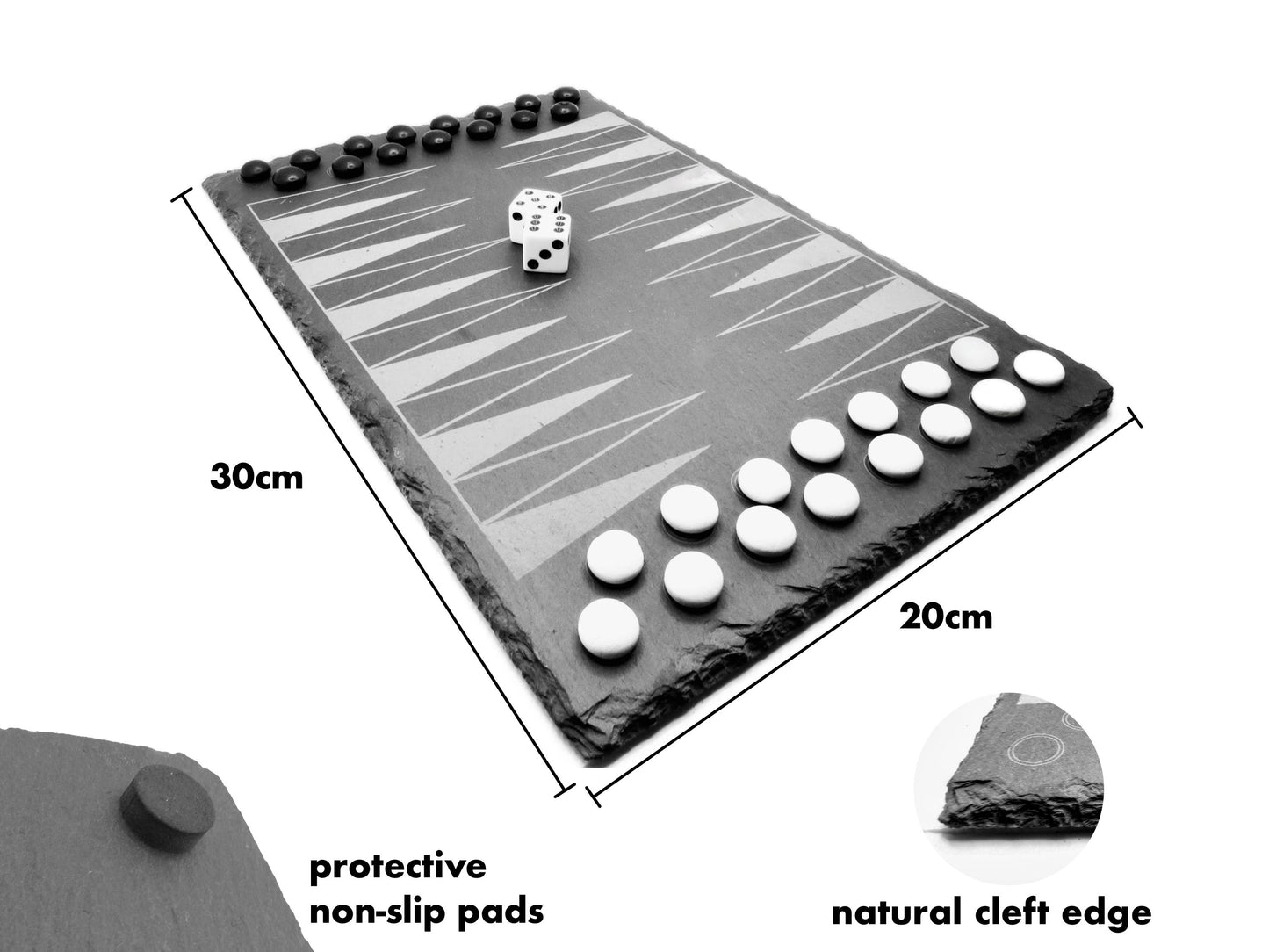 Backgammon set made of natural slate, 30x20 cm with dice