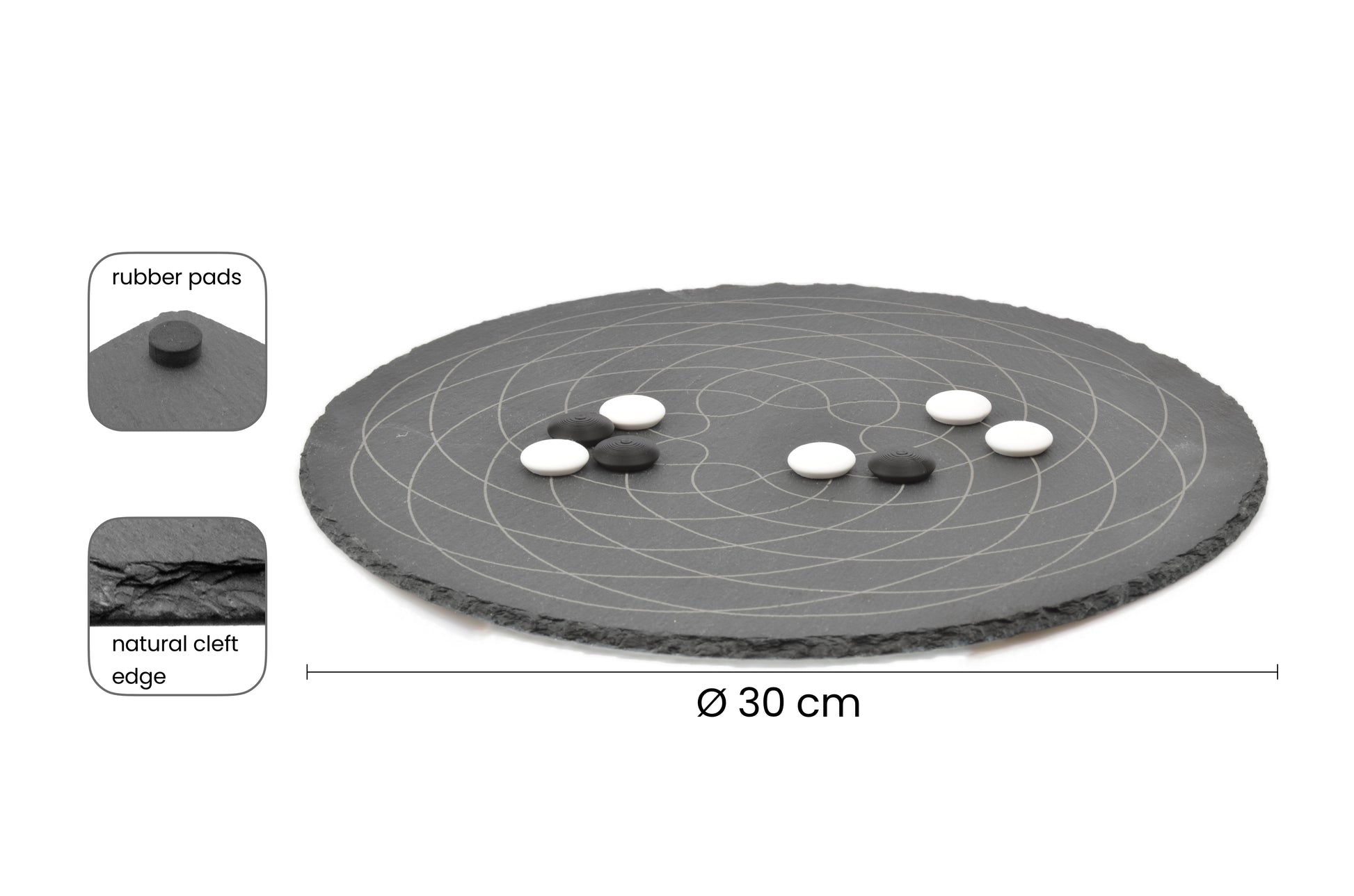 Maße und Profil: 30 cm Durchmesser Schieferbrett mit rutschfesten Gummifüßen (Rubber Pads).