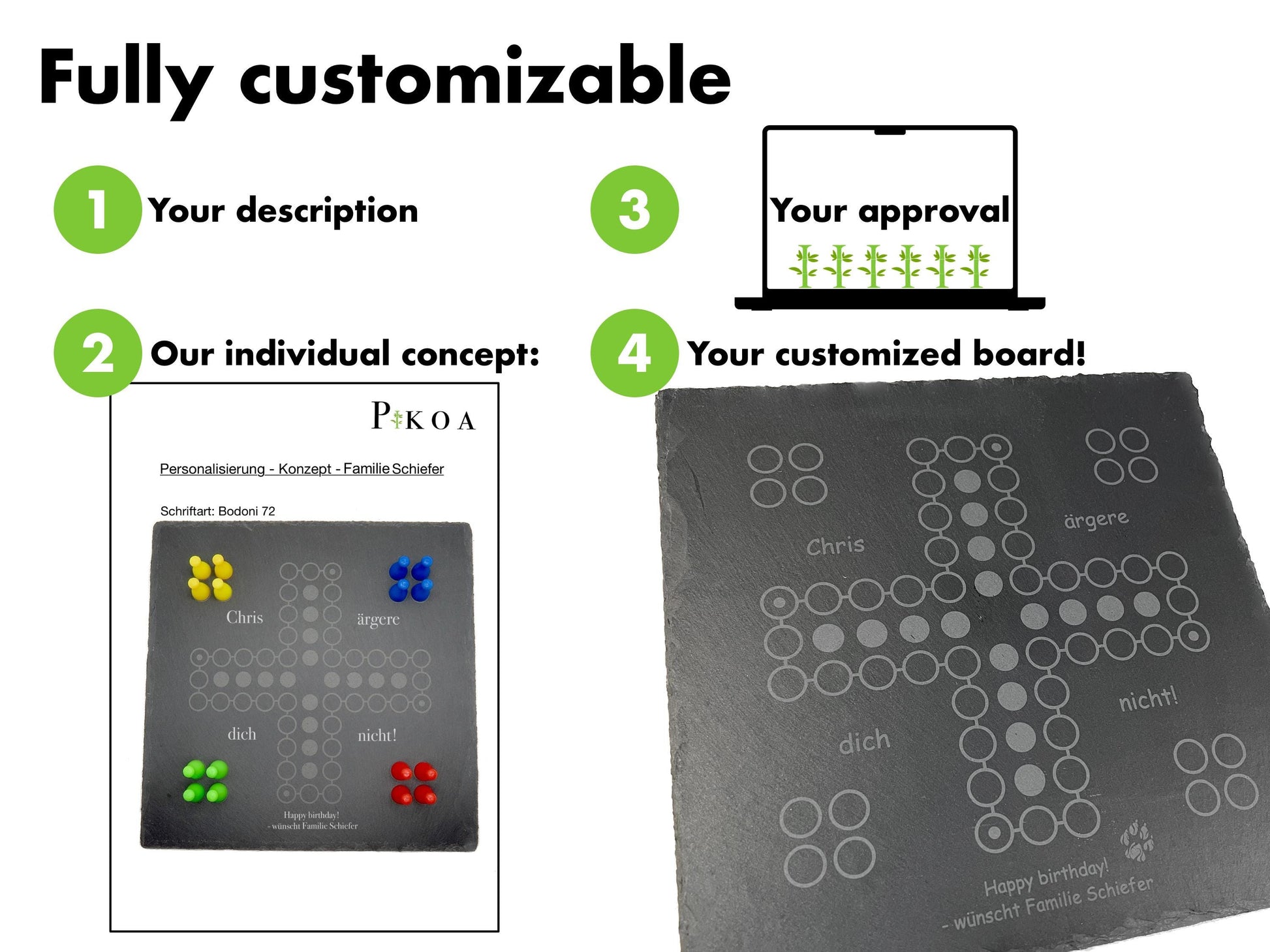 Personalisierung Ludo Spiel: Anleitung für Wunschtext und Gravur auf dem Schieferbrett als Geschenk.