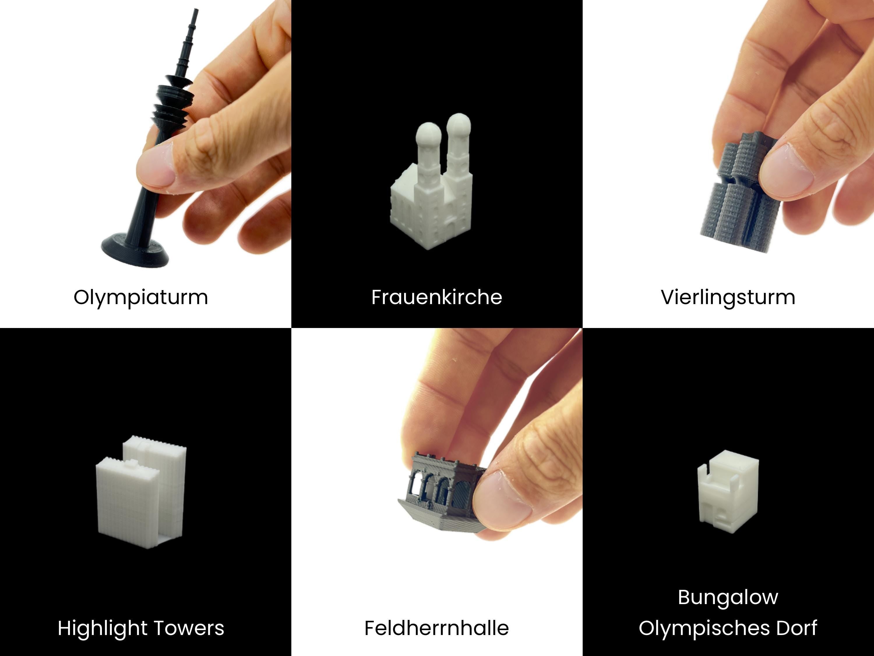 Detailansicht der Münchener Schachfiguren: Olympiaturm, Frauenkirche, Vierlingsturm, Highlight Towers, Feldherrnhalle und Bungalow Olympisches Dorf als 3D-Druck.