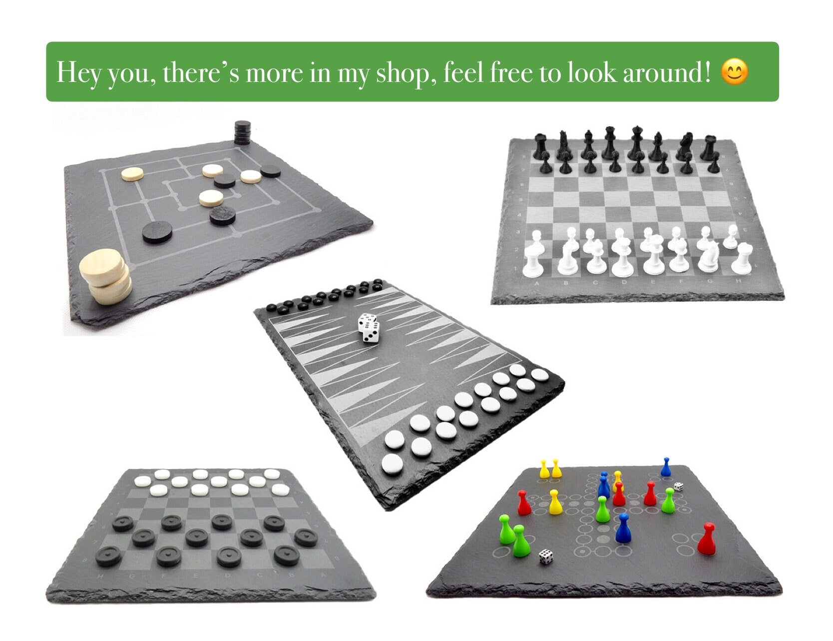 Übersicht der Schiefer-Spiele-Kollektion: Mühle, Schach, Backgammon und Mensch ärgere dich nicht im edlen Stein-Design.